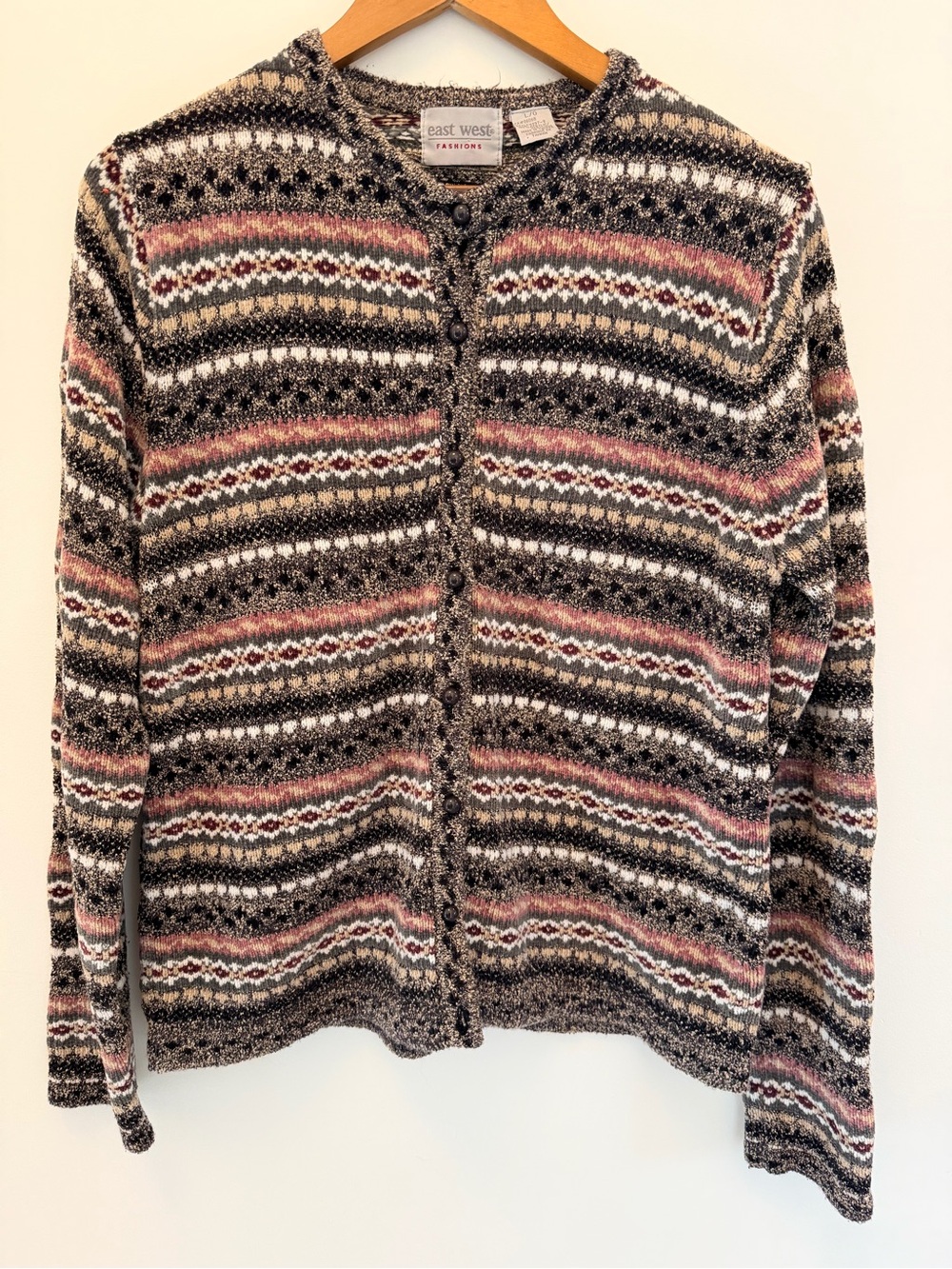 Vintage East West Striped Button-Front Cardigan - Pink, Brown & Cream